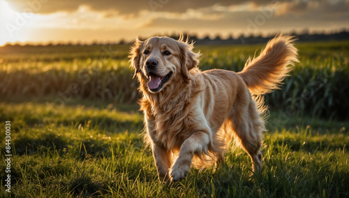 Cane di razza Golden retrive corre felice in un prato verde al tramonto