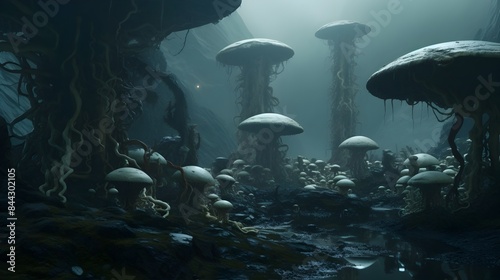 Alien Landscape with Bizarre Mushroom Flora,Glowing Rivers,and Mysterious Bipedal Beings in Captivating Sci-Fi Scenery