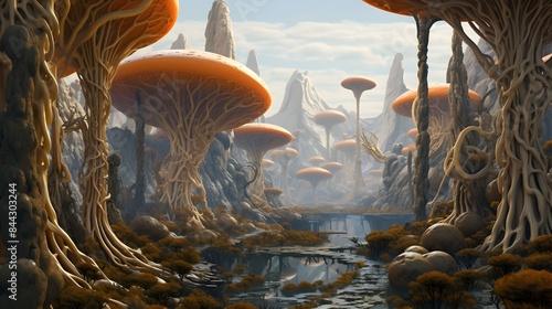 Mesmerizing Alien Landscape with Bizarre Mushroom-like Flora and Enigmatic Bipedal Beings