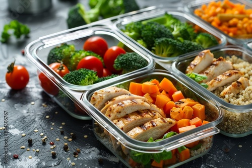 A clean photo of a meal prep setup featuring containers with grilled chicken, quinoa, and mixed vegetables. Emphasize the organization, portion control, and balanced nutrition of the meal prep