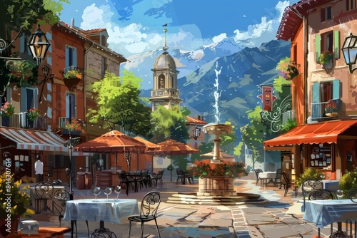 A charming European town square with cafes and shops.