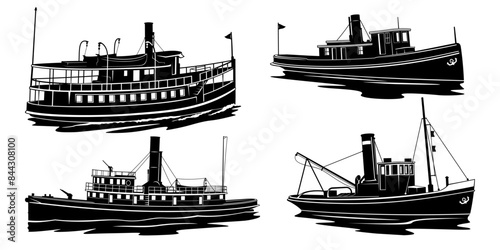 Vintage Steamboats Silhouettes. Vector cliparts isolated on white.