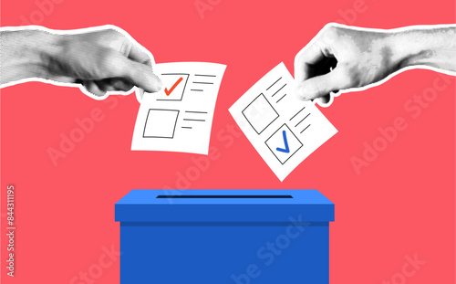 Hand with ballot papers and ballot box. Trendy vintage halftone election event banner.