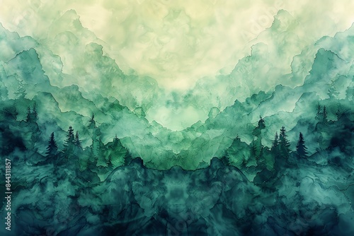Abstract watercolor painting of a misty forest with layered green mountains and pine trees under a cloudy sky.