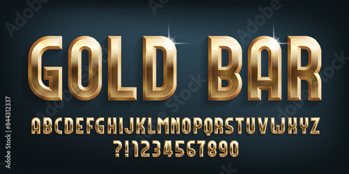 Gold Bar alphabet font. 3d golden letters and numbers. Stock vector typescript for your design.