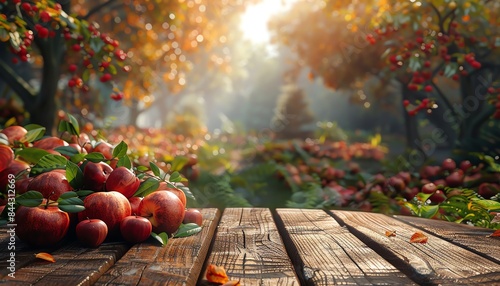 Sunlit apple orchard with ripe apples on a wooden table and colorful autumn foliage in the background. Cozy and serene harvest scene.