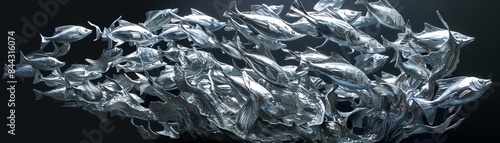 detailed clay sculpture depicting a school of shimmering silver sardines moving in unison through the crystal-clear depths of the sea, capturing the fluidity and motion of these marine creatur