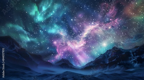 Mesmerizing Aurora Borealis Cosmic Landscape with Glowing Nebula and Starry Night Sky in Mountain Wilderness