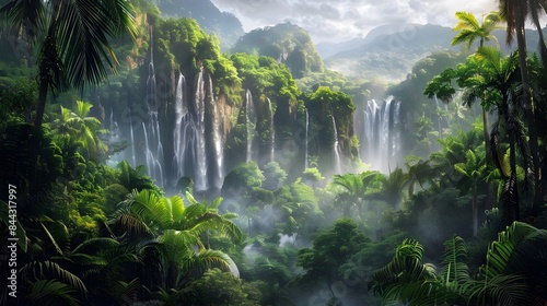 Majestic Waterfalls Nestled in Verdant Tropical Rainforest Landscape