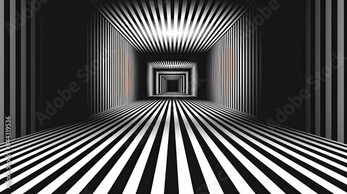 A long, narrow room with black and white stripes on the floor
