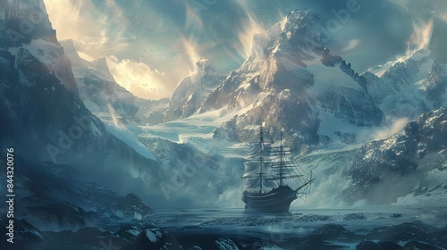 Majestic Tall Ship Navigating Through Treacherous Arctic Fjord Amidst Towering Glacial Peaks and Dramatic Fog