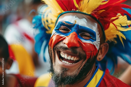 Fan with a beard and colorful face paint laughing joyfully at a sports event