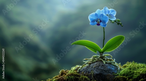 blue phalaenopsis A long, spherical stem stands tall on a concave moss-covered rock. The green leaves were clear and delicate, bright, and the green mountain background was faintly visible.