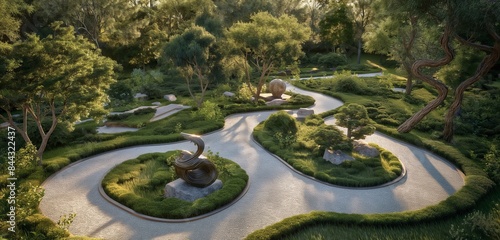 A tranquil meditation garden tucked away on the mansion's grounds, with winding pathways and zen-inspired sculptures. 32k, full ultra HD, high resolution