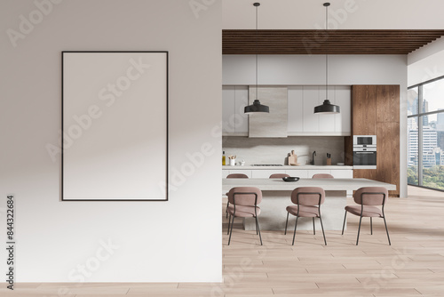 Home kitchen interior with dining table and cabinet, window. Mock up poster