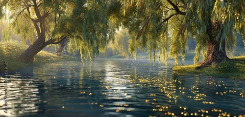 A tranquil riverside scene, with willow trees dipping their branches into the water and the gentle hum of insects buzzing in the warm afternoon air. 32k, full ultra HD, high resolution