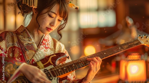 An ultra-detailed HDR photo of a Japanese woman in an intricately designed Kimono dress, passionately playing an electronic guitar on a traditional wooden stage with soft lantern light illuminating