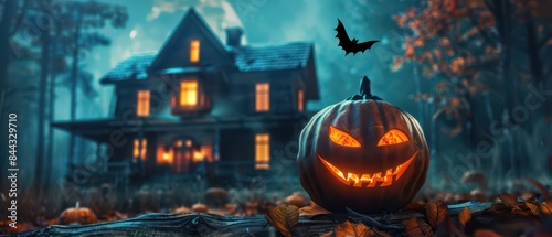 Moonlit washed house, carved pumpkin, bat shadow overhead, spooky style with copy space