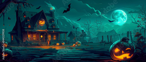 Eerie washed house, glowing carved pumpkin, bat shadow, moonlight, horror illustration, copy space