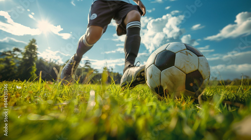 A man kicking a ball in the grass wearing a soccer uniform