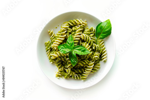 A plate of fusilli pasta with pesto and basil