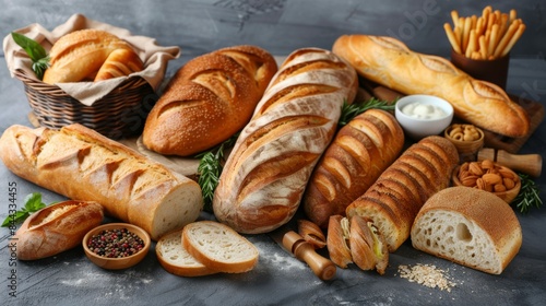 Baguettes: A selection of freshly baked baguettes arranged on a dark surface. Traditional French bread.