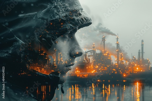 Double exposure of an oil rig worker merged with a vast oil field, illustrating the energy sector and resource extraction
