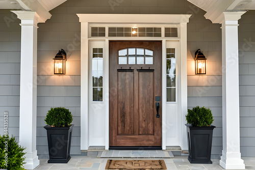 Front door and covered porch of new home exterior: solid wood door is flanked by sconce lights and has glass panels in upper portion and mullions.