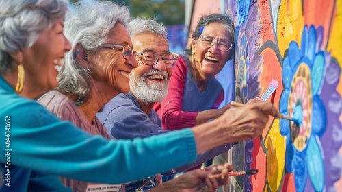 Retirees paint a mural, faces glowing with creativity, sharing stories, laughter, and a deep camaraderie.