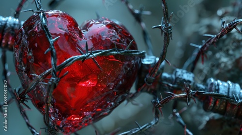 Close-up of a heart encased in barbed wire symbolizing love, pain, and protection, with a dramatic and emotional impact.