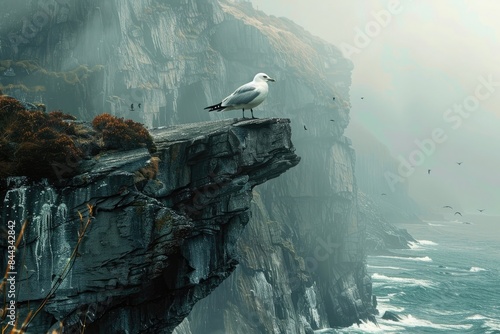 A bird perched on a cliff edge with a sweeping view of the sea below.