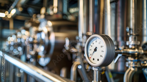 A close-up shot of a temperature sensor in an industrial facility, showcasing the intricate network of pipes and gauges