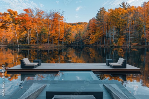 A boardwalk with contemporary lounge chairs, positioned over a calm lake with vibrant autumn trees reflected in the water