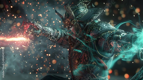 Fantasy warrior casting powerful magical spell in dynamic battle scene with dramatic lighting and detailed armor, surrounded by sparks.
