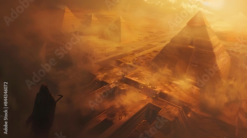 Majestic pyramids in a mystical, golden desert landscape with a hazy atmosphere and an ancient figure in the foreground