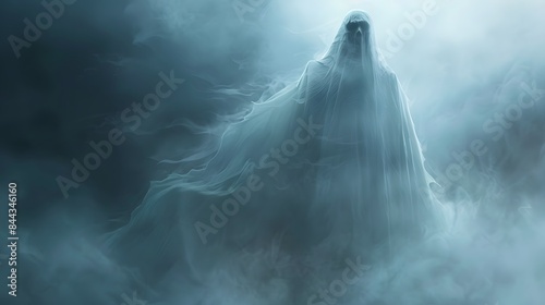 Mysterious ghostly figure appearing through the mist and fog, creating a spooky and eerie atmosphere.
