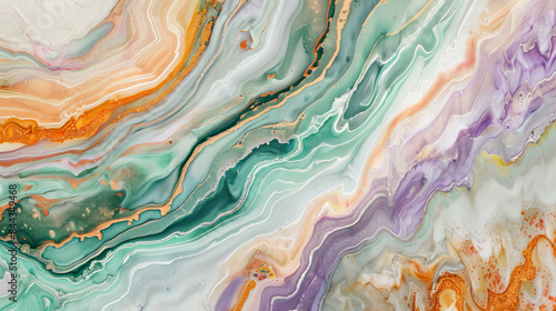 A beautiful painting that looks like marble. It has different colors mixed together, like green, peach, orange, and purple.