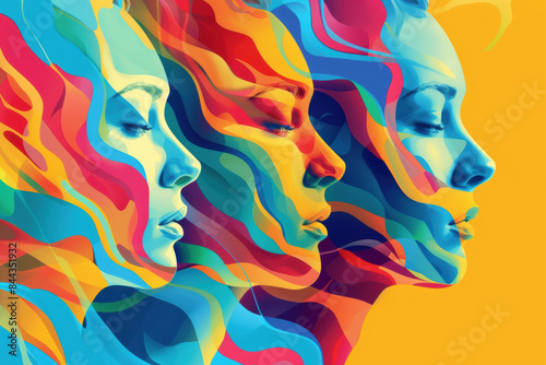 Abstract art featuring three colorful, merging faces with fluid, vibrant patterns, showcasing the harmony and beauty of human expressions in vivid hues.