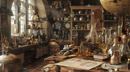 Vintage laboratory filled with old books, glassware, and scientific instruments, creating an atmospheric and nostalgic ambiance.