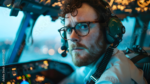 Close up of a captain flying a plane. wearing glasses and headphones in the cockpit 