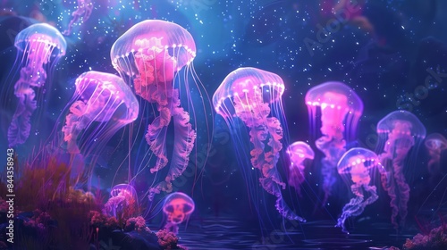 A group of jellyfish glowing with soft, neon lights in the depths of a futuristic ocean