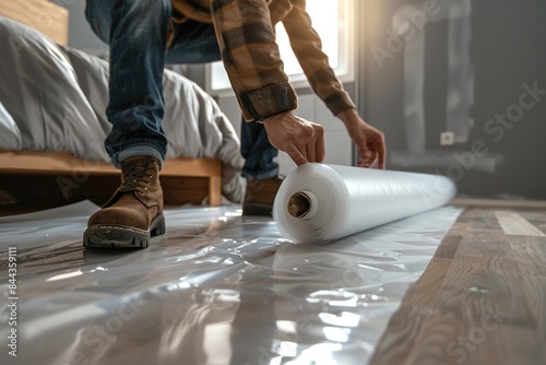 A person in work boots rolling out a large sheet of vinyl flooring in a bedroom carefully smoothing out any air bubbles