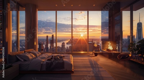 A bedroom in an apartment on the top floor of a skyscraper with large windows overlooking New York City at sunset, with a fireplace and modern furniture, interior design photography