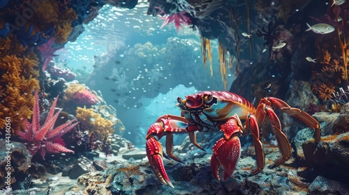 A vibrant red crab exploring an artificial underwater cave in a futuristic ocean
