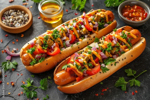 Colorful hotdogs with fresh vegetables and spicy sauces served