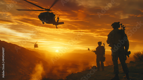Dramatic Sunset Operation: Soldiers Watch as Helicopters Fly Over Rugged Terrain Highlighting Military Readiness and Teamwork