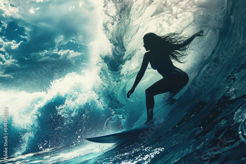 A woman is surfing in the ocean with a wave behind her
