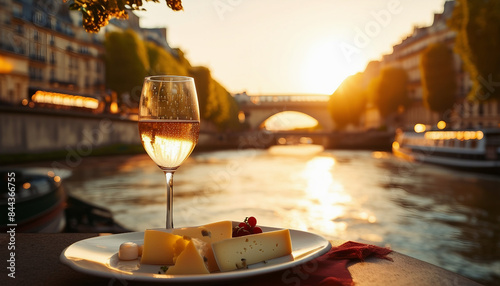 glass of wine and cheese by the river Seine, Paris city 