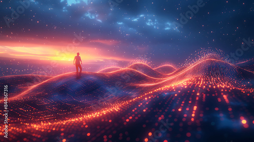Digitization the affluent person on a background that contains digital information featuring unreal engine 5 wavy lines and organic shapes and dark indigo and skyblue tones