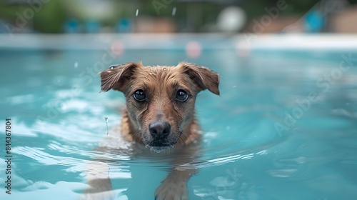 Playful Dog Paddling in Swimming Pool with Blurred Background